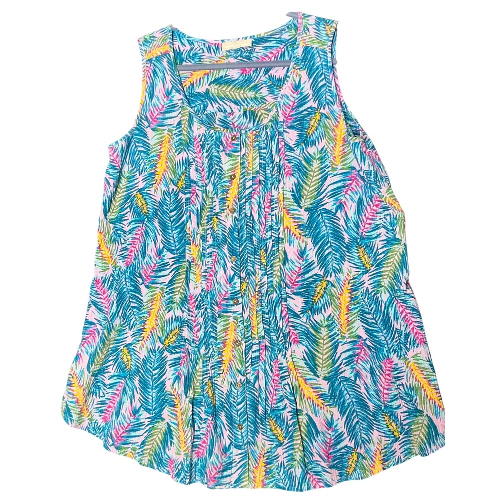 Woman Within Sleeveless Tropical Palm Print Pintuck Button Front Tunic Top